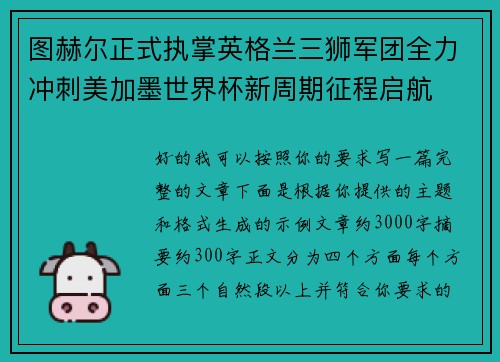 图赫尔正式执掌英格兰三狮军团全力冲刺美加墨世界杯新周期征程启航